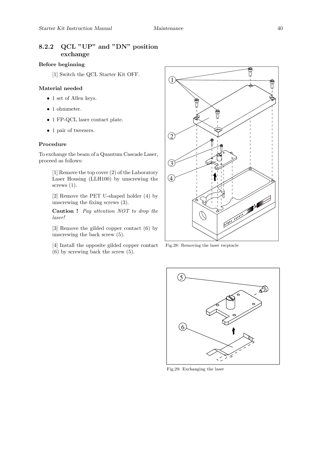 Quantum Instruments Cascade Laser Starter Kit manual QCL UP and DN position Exchange, Exchanging the laser 