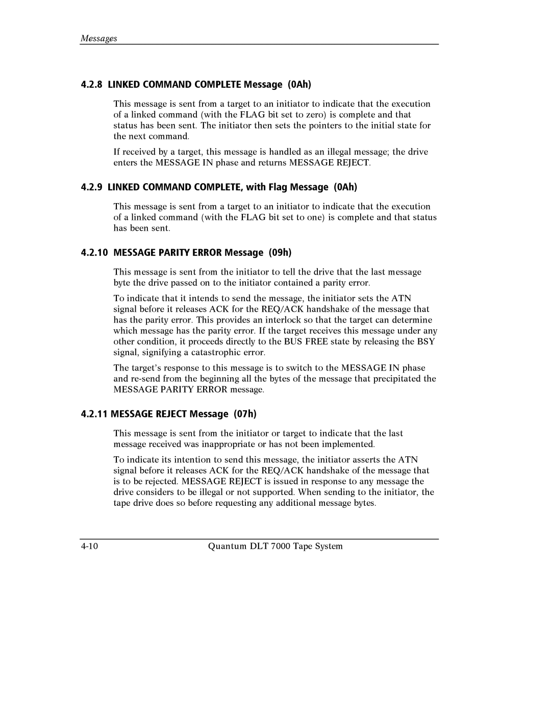 Quantum Instruments DLT 7000 manual Linked Command Complete Message 0Ah, Linked Command COMPLETE, with Flag Message 0Ah 