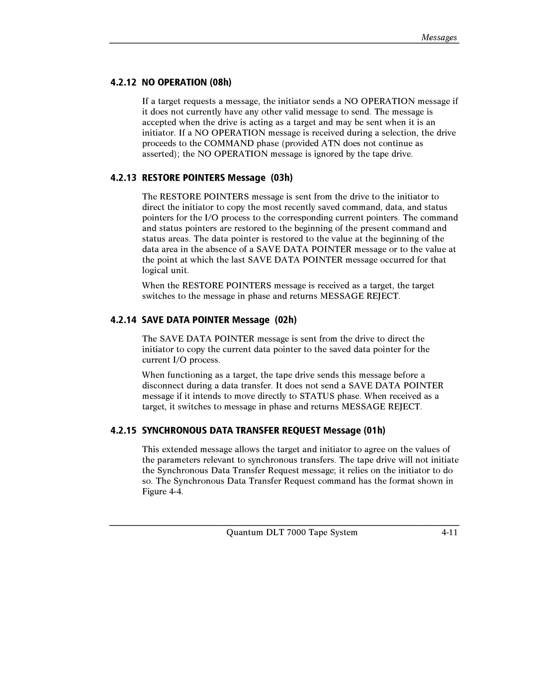 Quantum Instruments DLT 7000 manual No Operation 08h, Restore Pointers Message 03h, Save Data Pointer Message 02h 