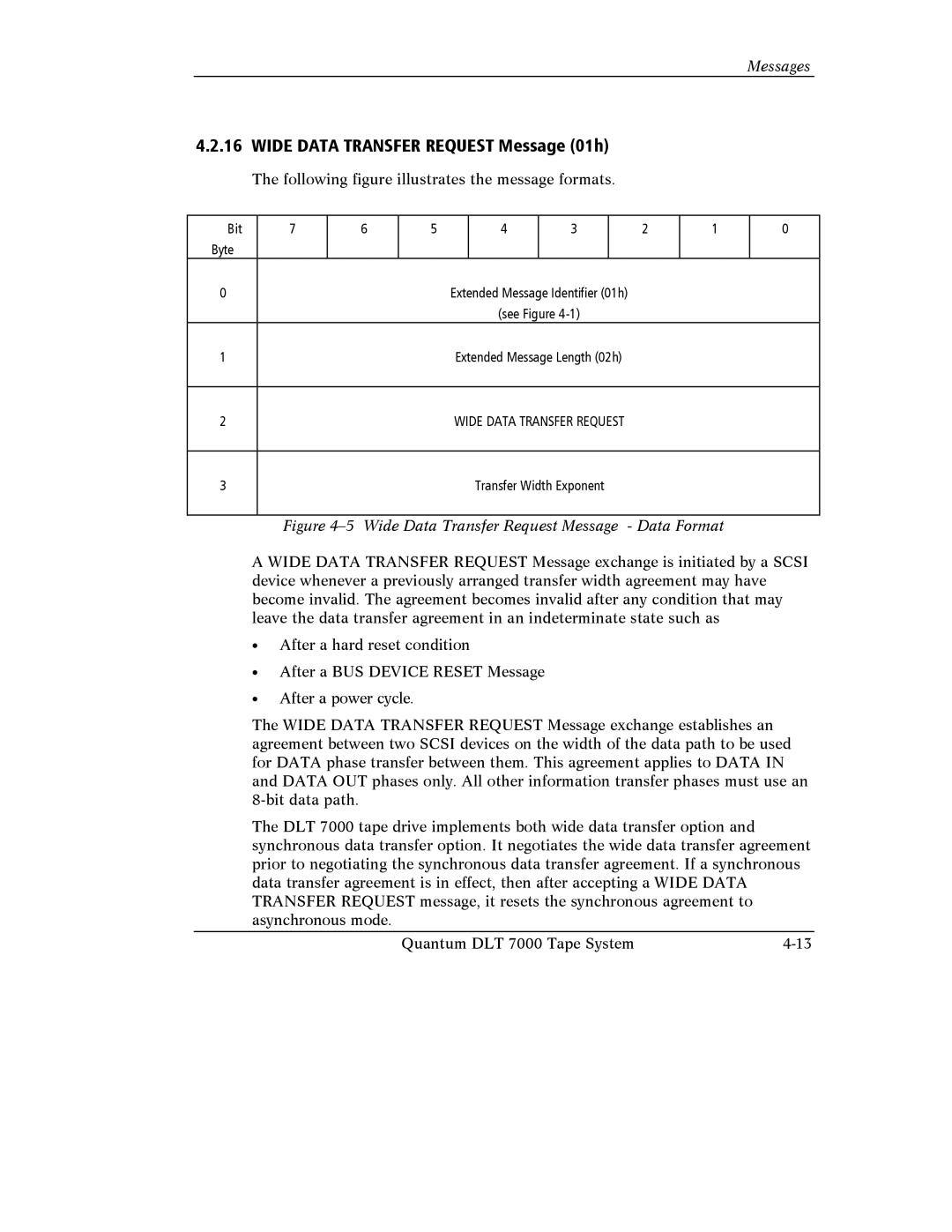 Quantum Instruments DLT 7000 manual Wide Data Transfer Request Message 01h, Wide Data Transfer Request Message Data Format 