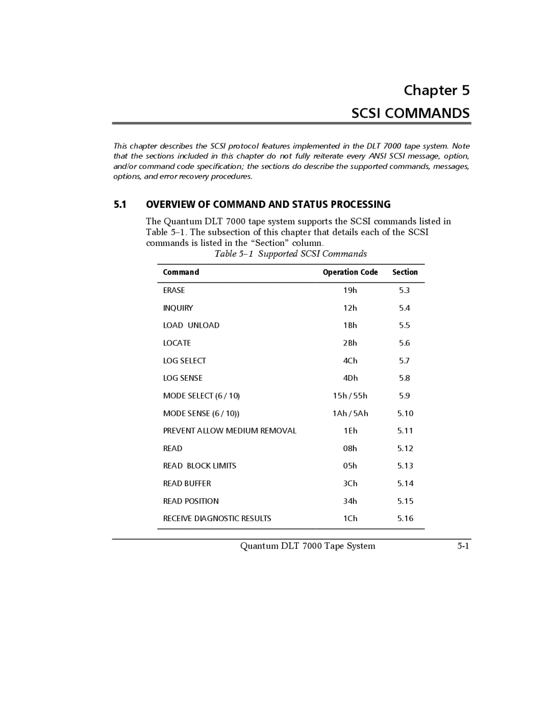 Quantum Instruments DLT 7000 manual Overview of Command and Status Processing, Supported Scsi Commands 