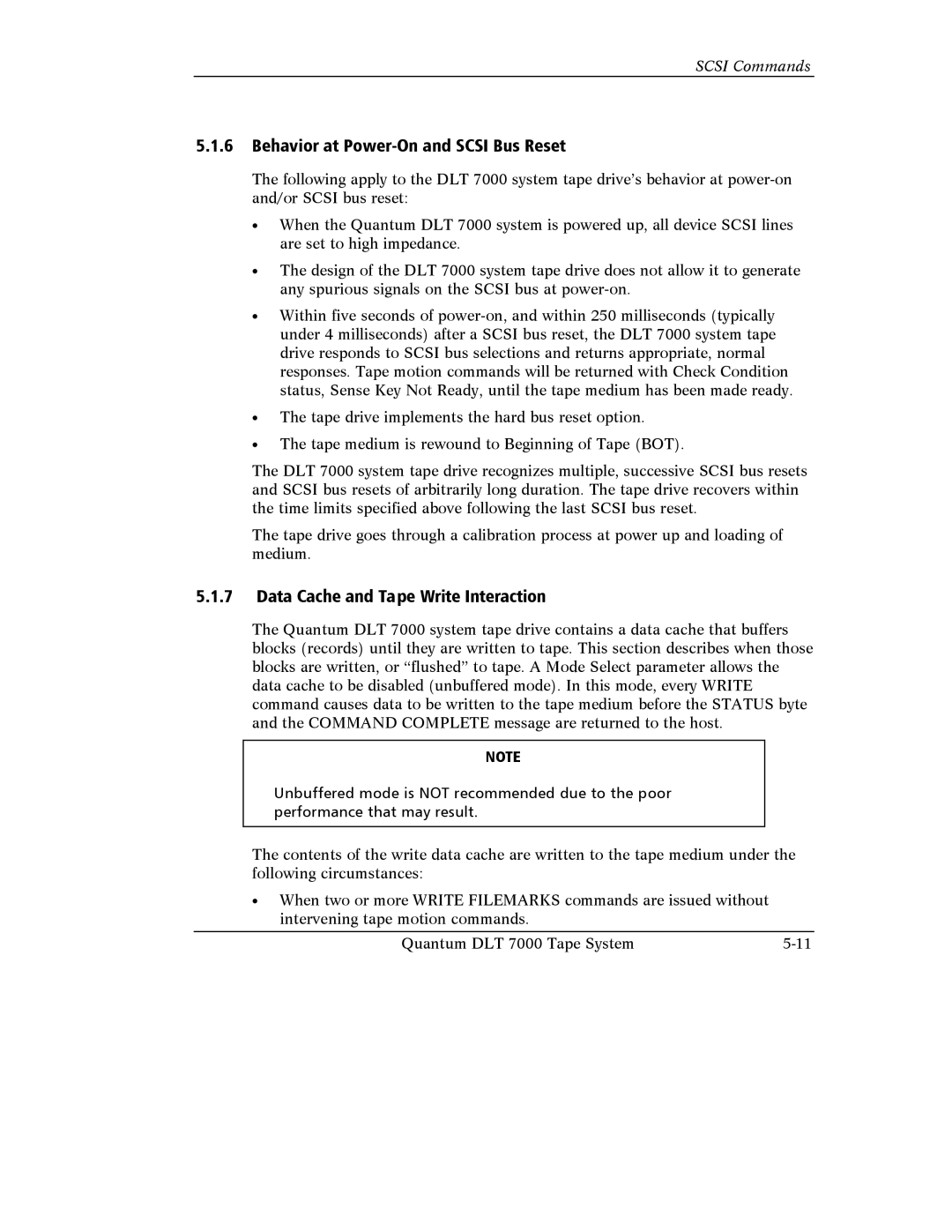 Quantum Instruments DLT 7000 manual Behavior at Power-On and Scsi Bus Reset, Data Cache and Tape Write Interaction 