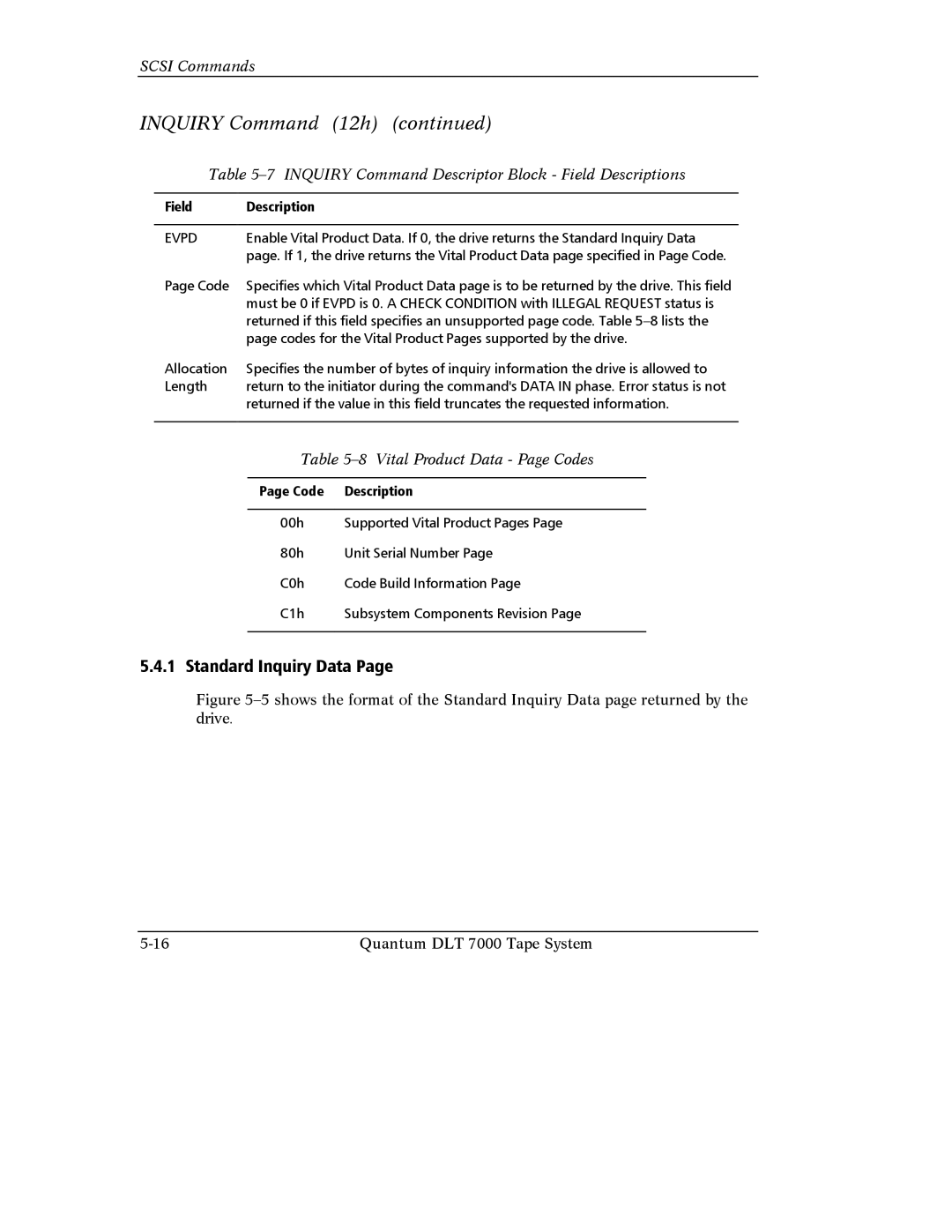Quantum Instruments DLT 7000 manual Inquiry Command 12h, Standard Inquiry Data, Vital Product Data Page Codes 