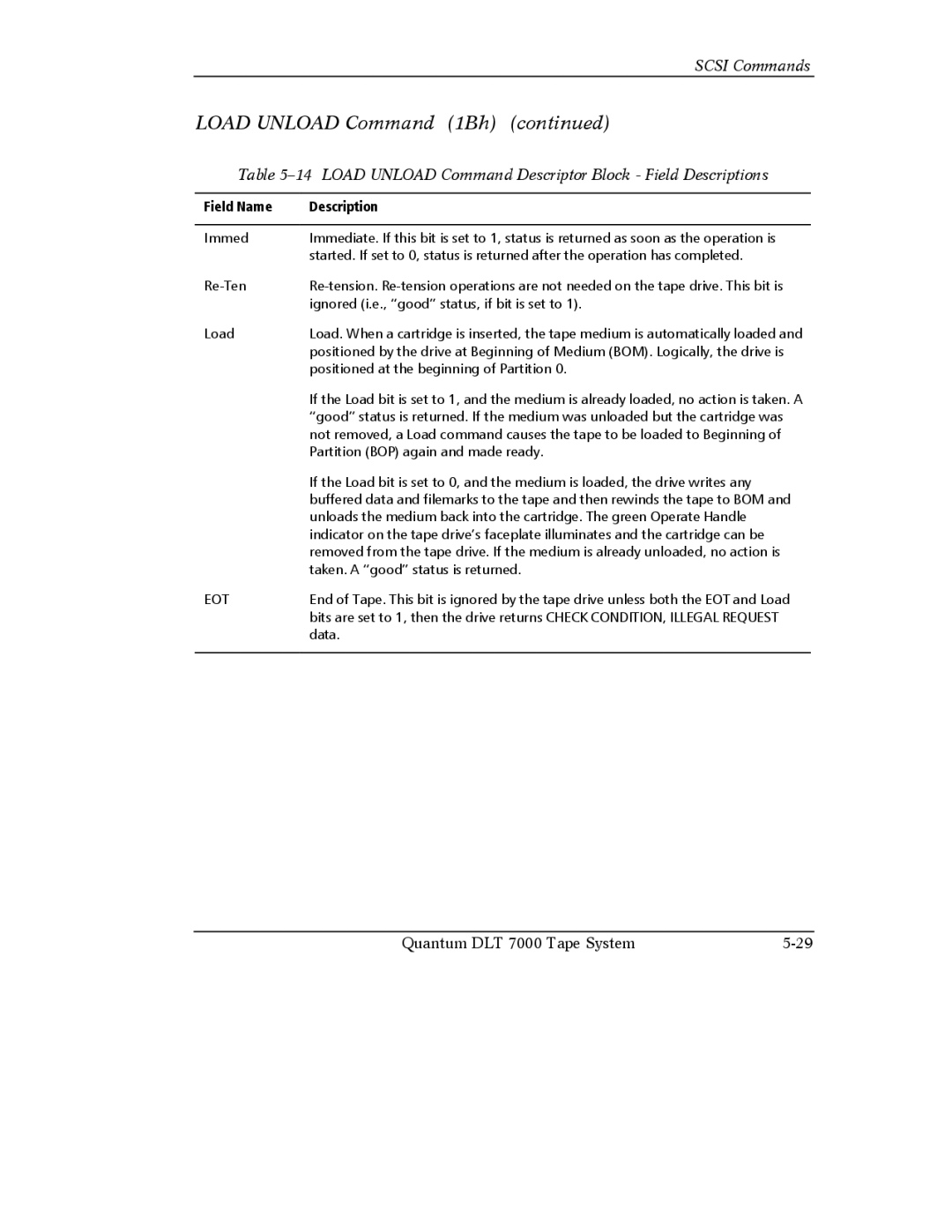 Quantum Instruments DLT 7000 manual Load Unload Command Descriptor Block Field Descriptions, Eot 