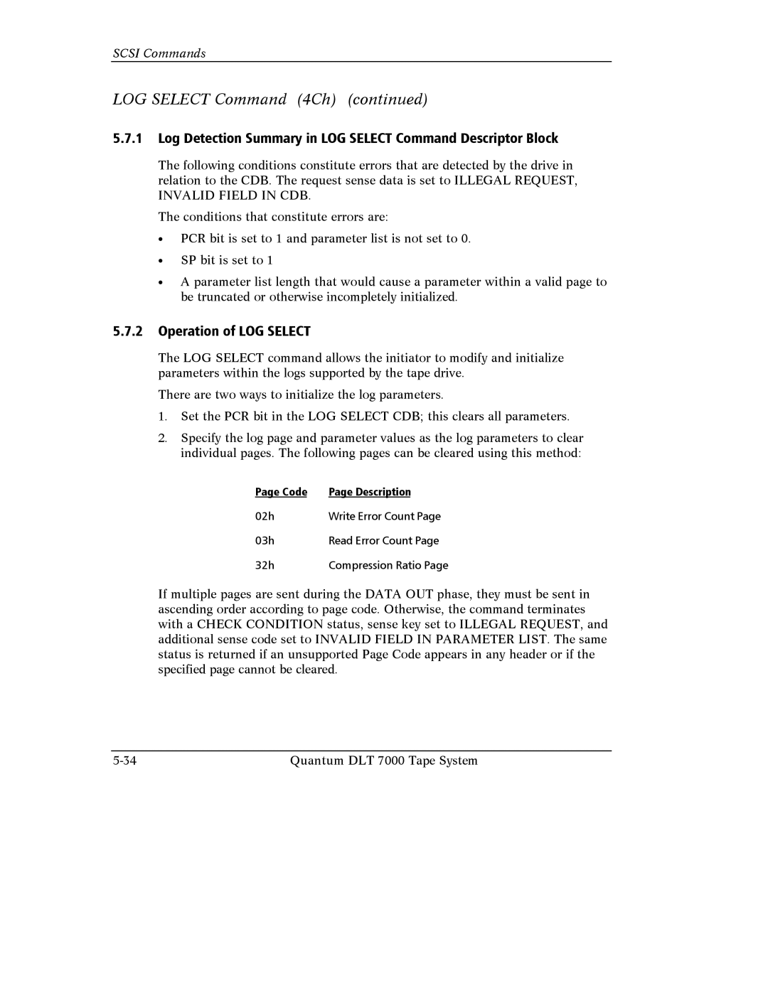 Quantum Instruments DLT 7000 manual Log Detection Summary in LOG Select Command Descriptor Block, Operation of LOG Select 