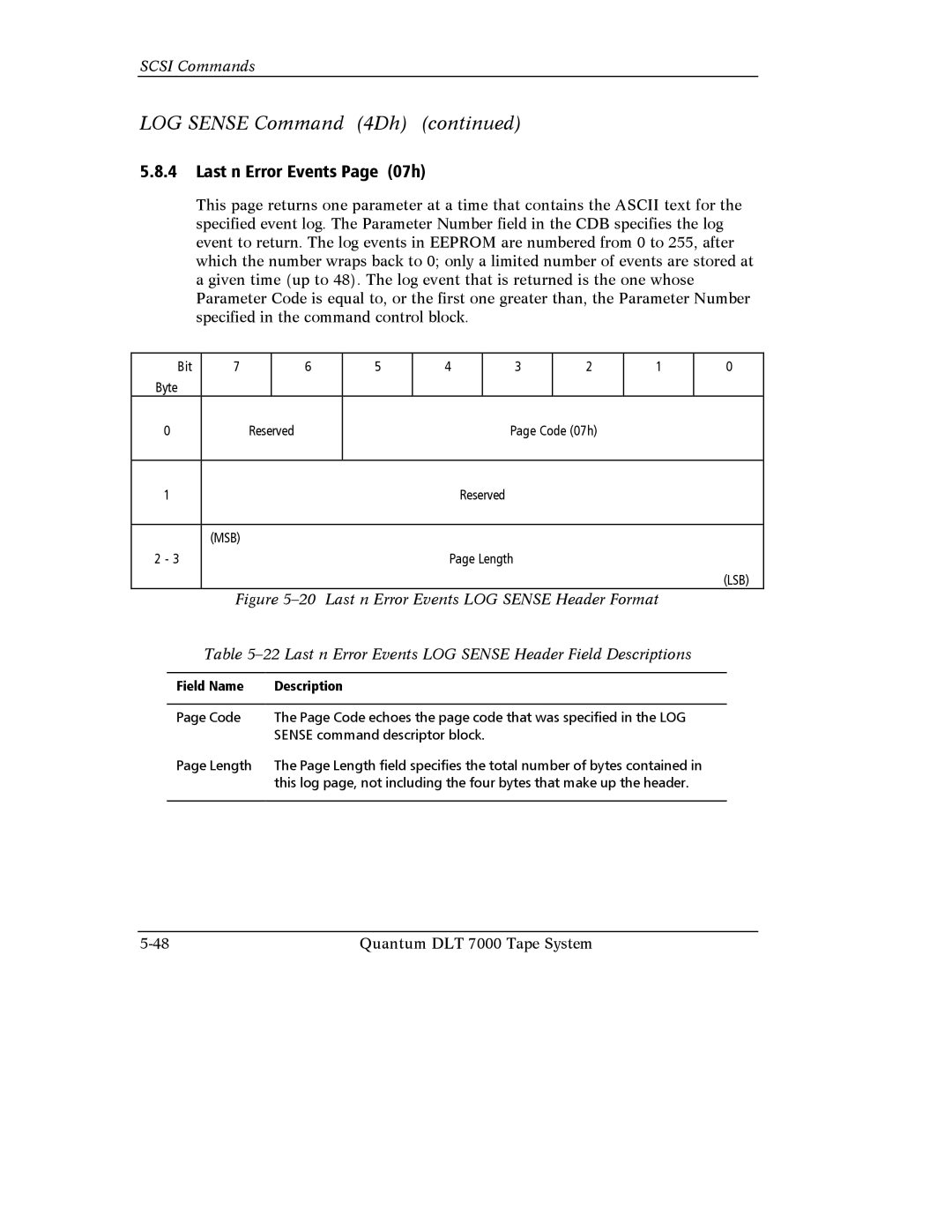 Quantum Instruments DLT 7000 manual Last n Error Events Page 07h, Lsb 