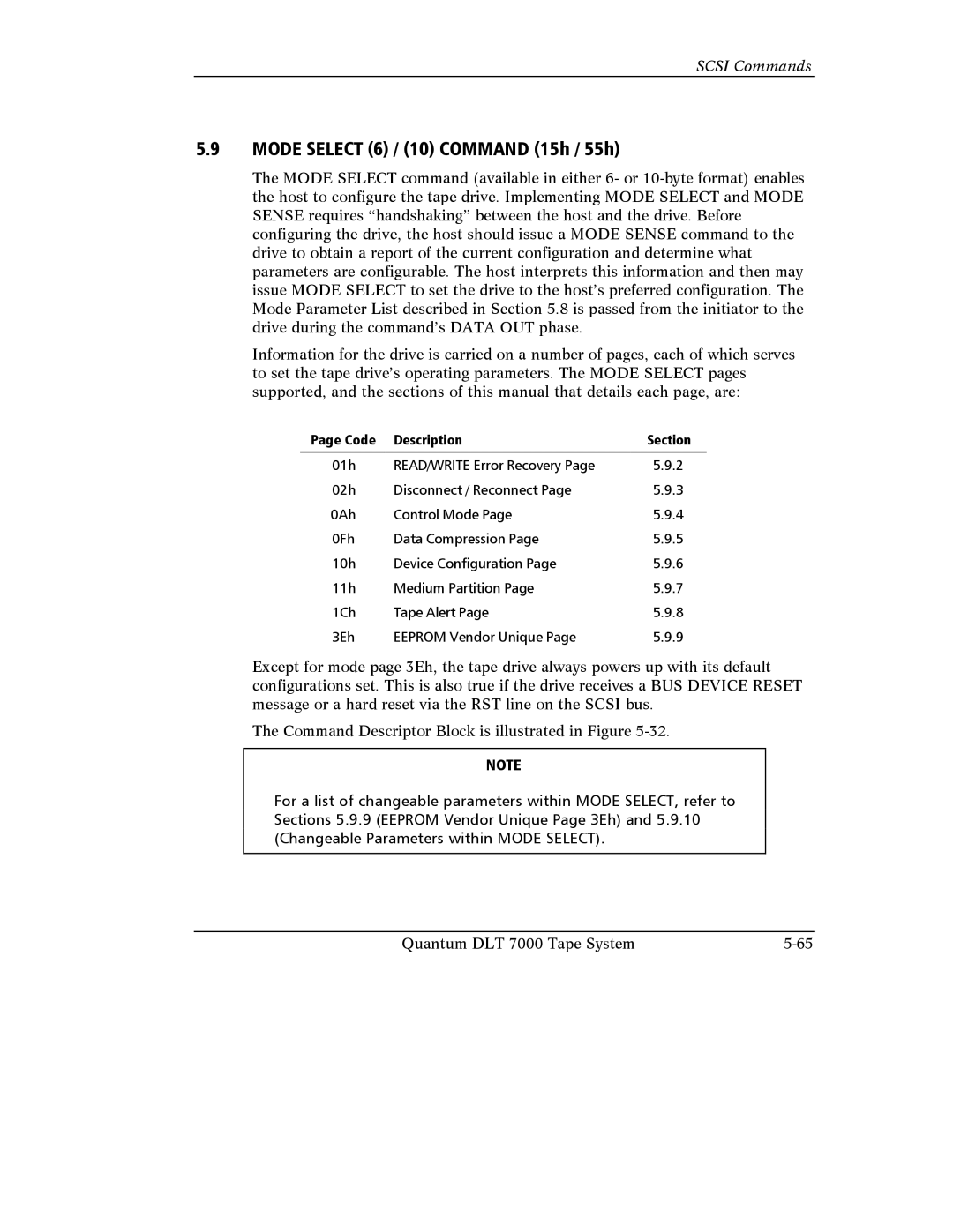 Quantum Instruments DLT 7000 manual Mode Select 6 / 10 Command 15h / 55h 