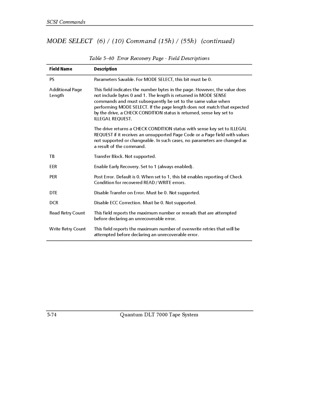 Quantum Instruments DLT 7000 manual Error Recovery Page Field Descriptions 