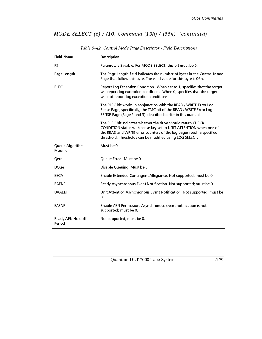 Quantum Instruments DLT 7000 manual Control Mode Page Descriptor Field Descriptions, Rlec, Eeca, Uaaenp, Eaenp 