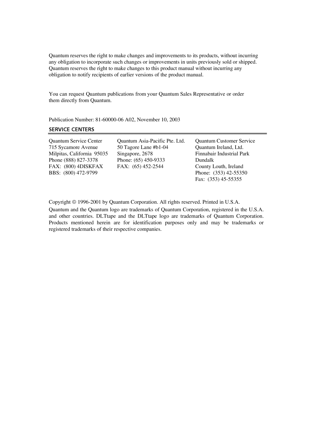 Quantum Instruments DLT 7000 manual Service Centers 