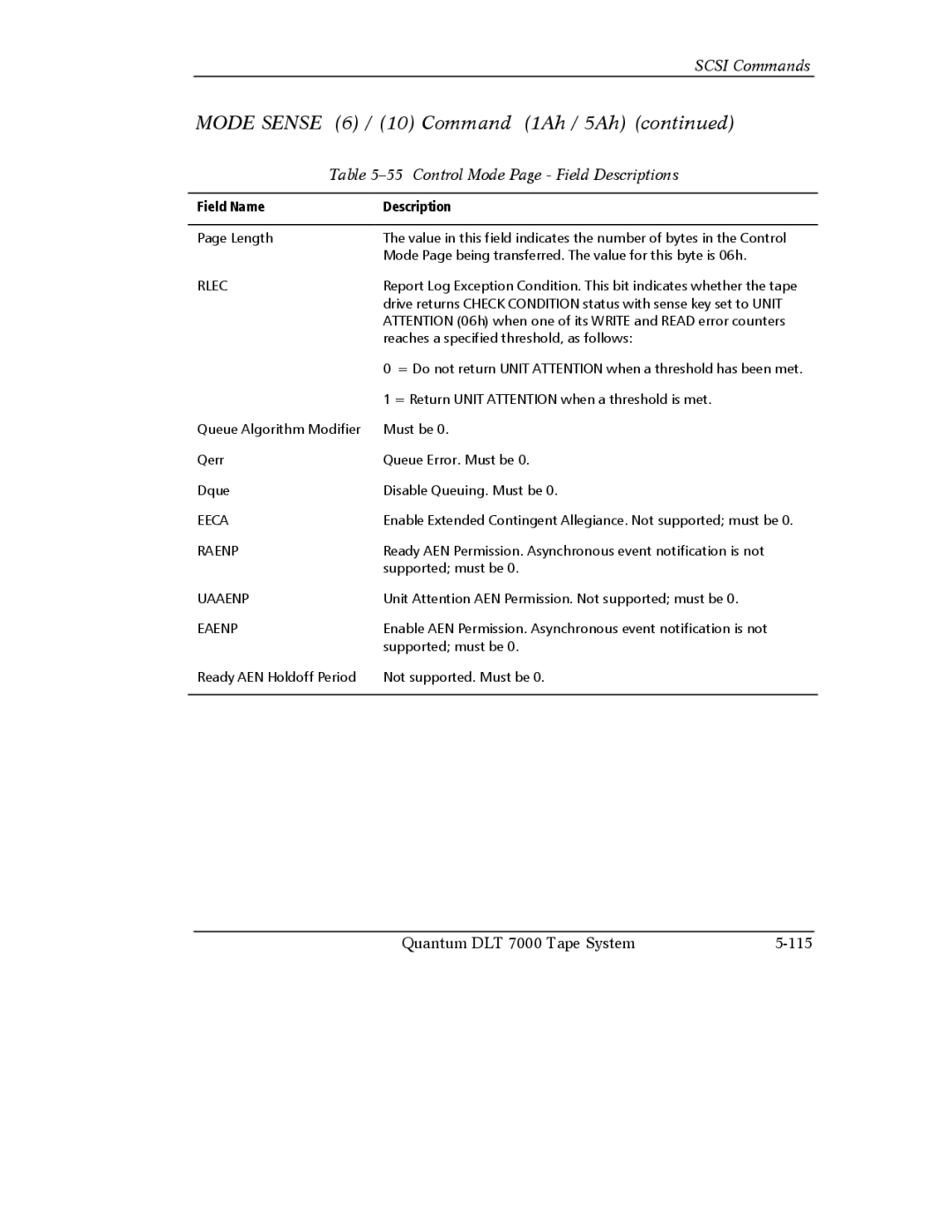 Quantum Instruments DLT 7000 manual Control Mode Page Field Descriptions, Rlec 