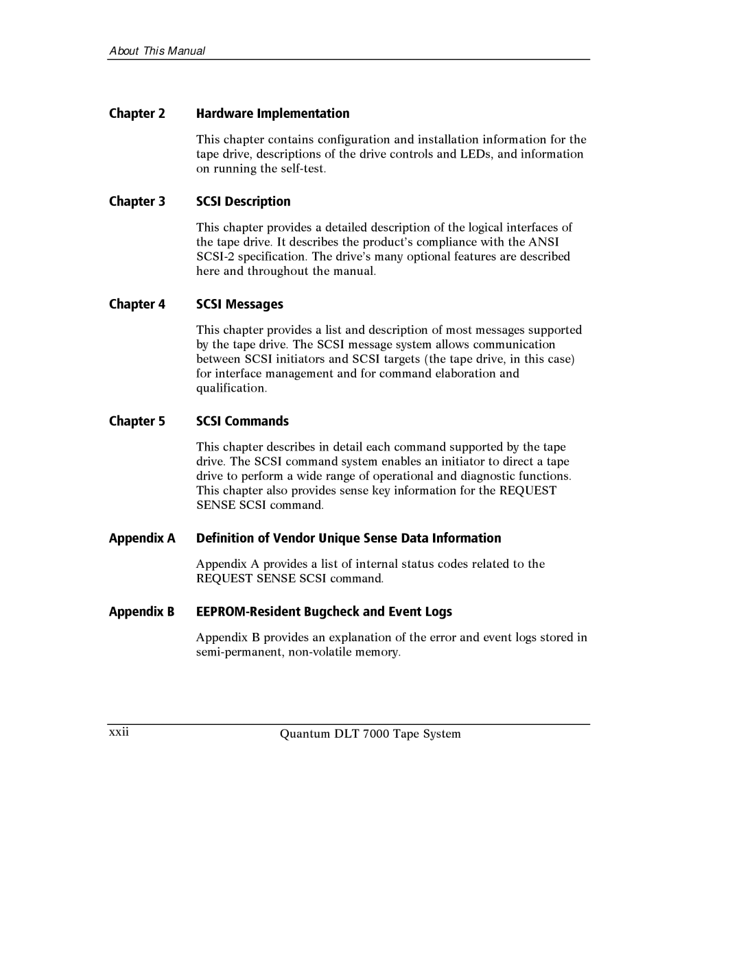 Quantum Instruments DLT 7000 manual Hardware Implementation, Scsi Description, Chapter Scsi Messages, Scsi Commands 