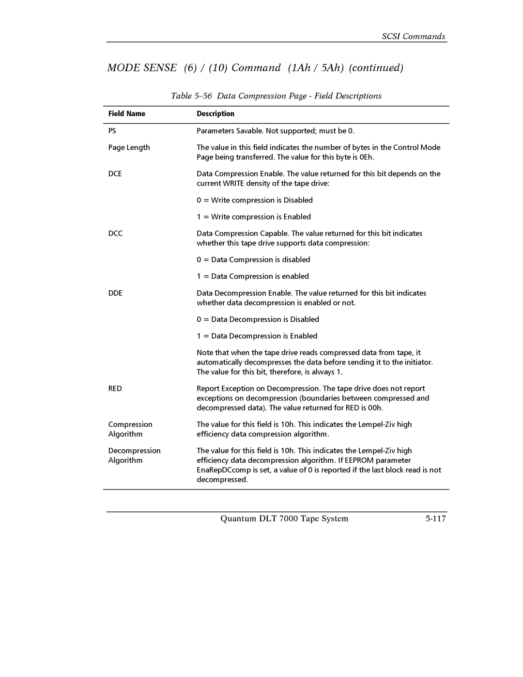 Quantum Instruments DLT 7000 manual Data Compression Page Field Descriptions, Dce 