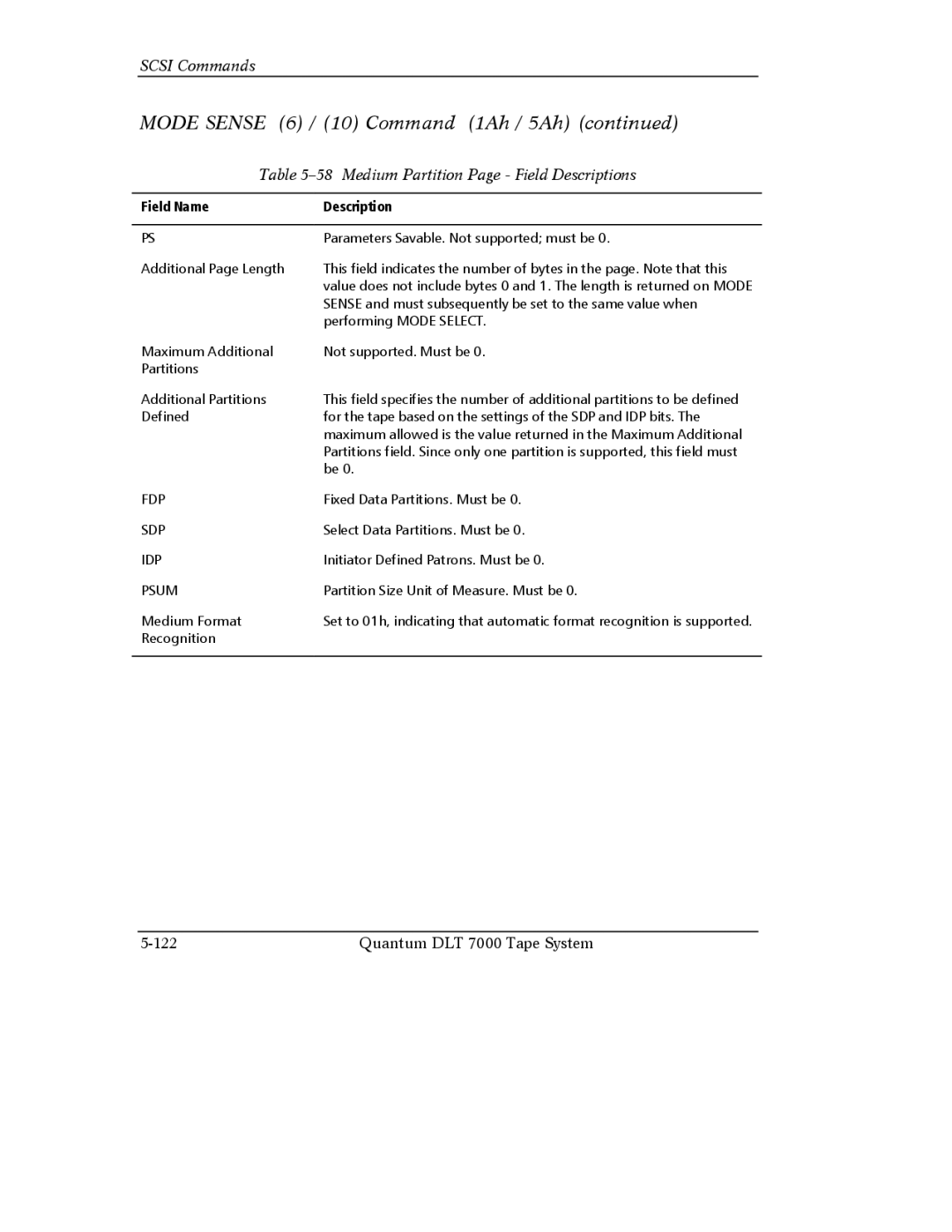 Quantum Instruments DLT 7000 manual Medium Partition Page Field Descriptions, Fdp 