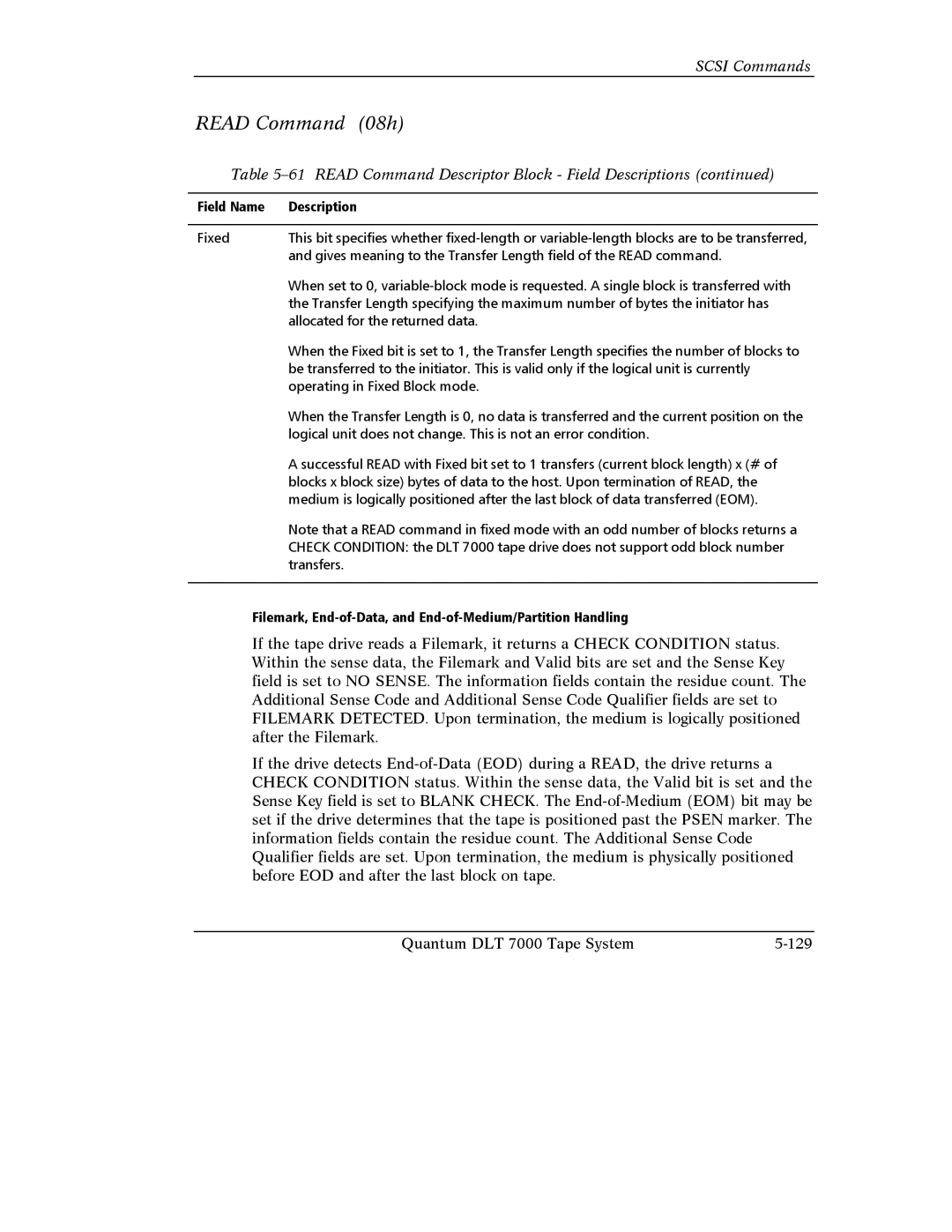 Quantum Instruments DLT 7000 manual Read Command 08h, Read Command Descriptor Block Field Descriptions 