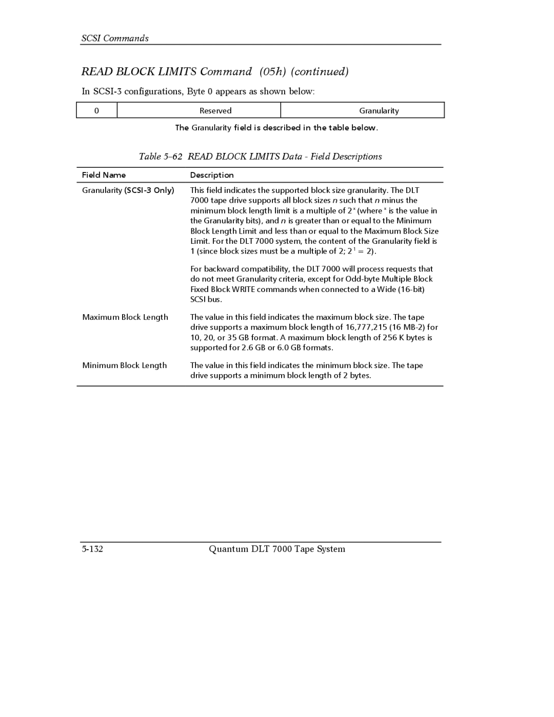 Quantum Instruments DLT 7000 manual Read Block Limits Command 05h, Read Block Limits Data Field Descriptions 