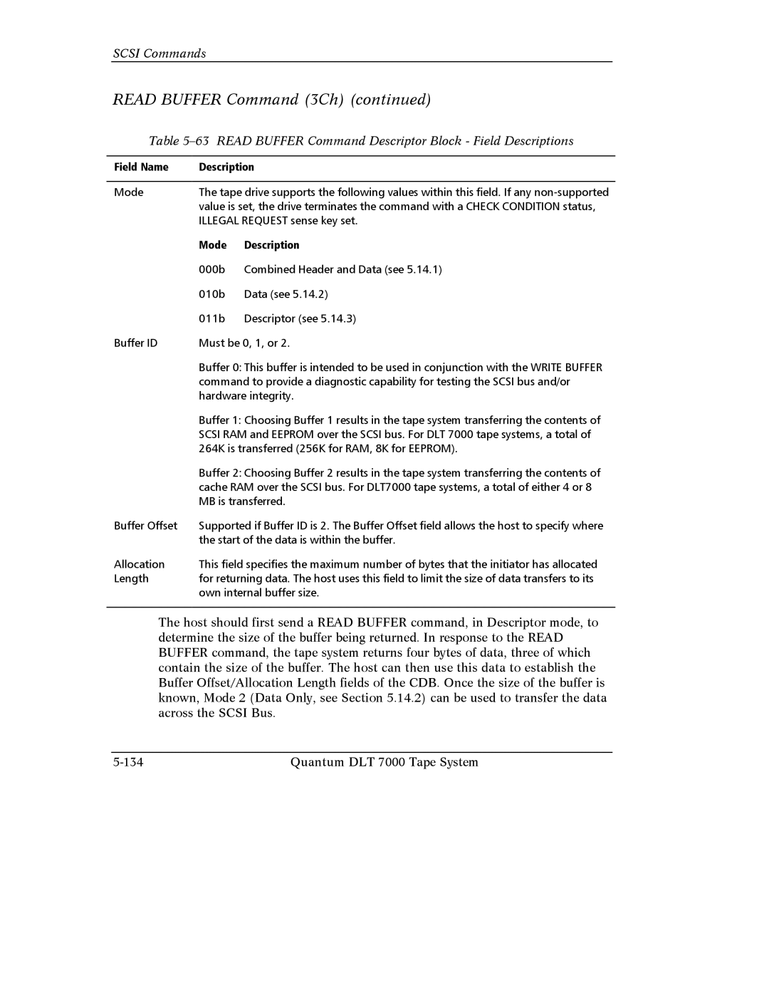 Quantum Instruments DLT 7000 manual Read Buffer Command 3Ch, Read Buffer Command Descriptor Block Field Descriptions 