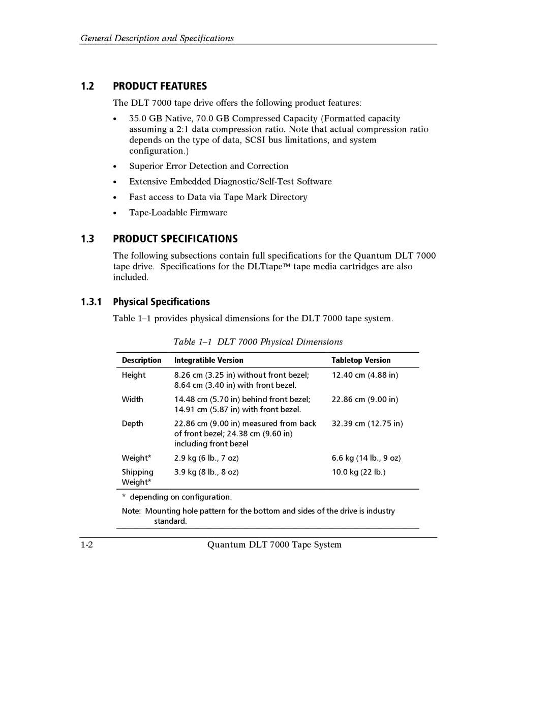 Quantum Instruments DLT 7000 manual Product Features, Product Specifications, Physical Specifications 