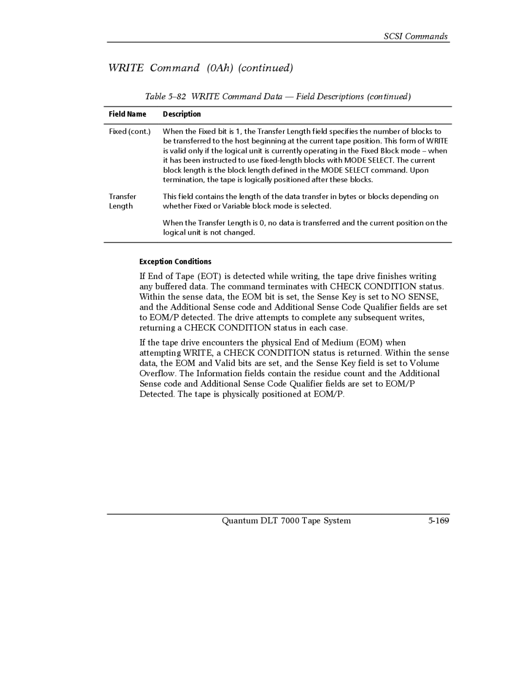 Quantum Instruments DLT 7000 manual Write Command 0Ah, Write Command Data Field Descriptions 