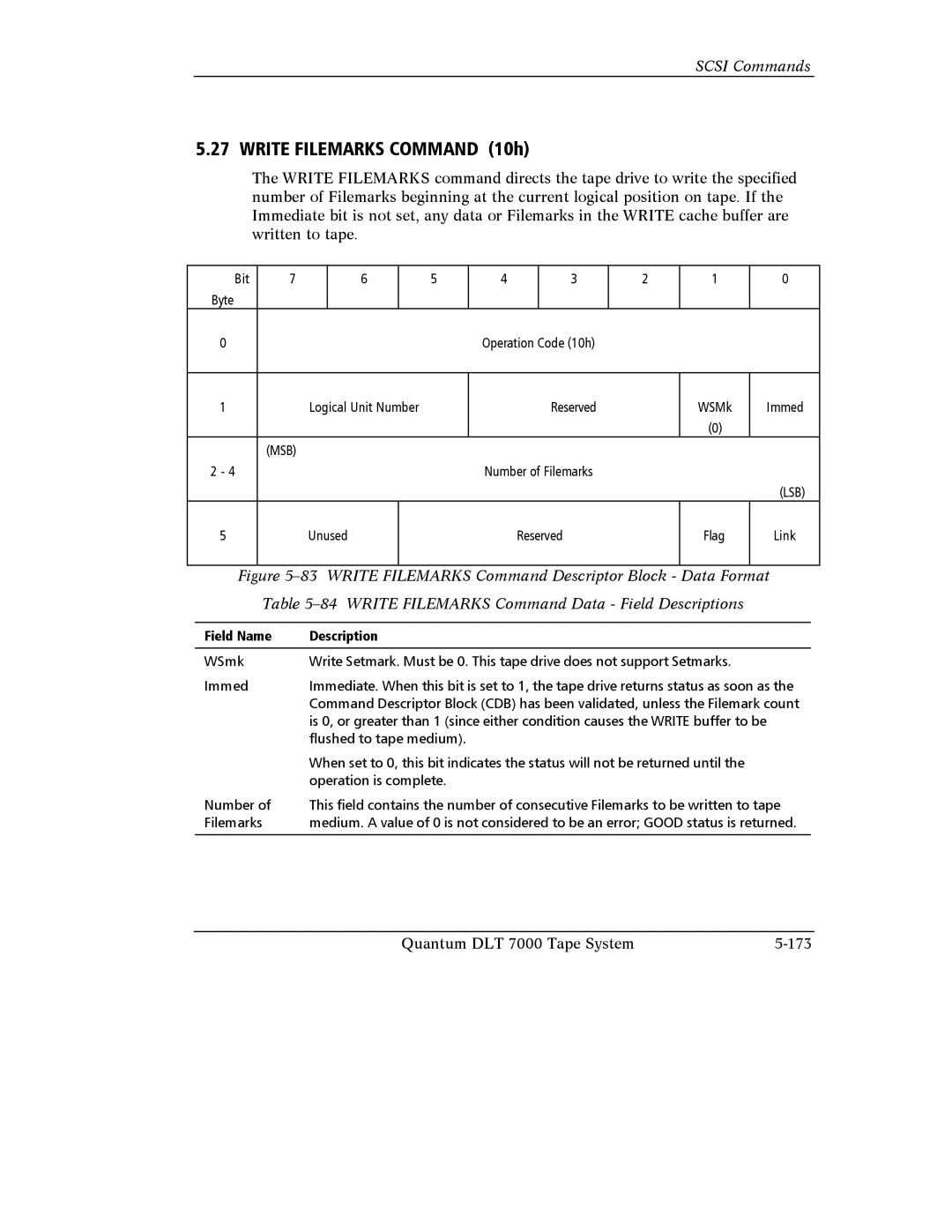 Quantum Instruments DLT 7000 manual Write Filemarks Command 10h, Write Filemarks Command Data Field Descriptions 