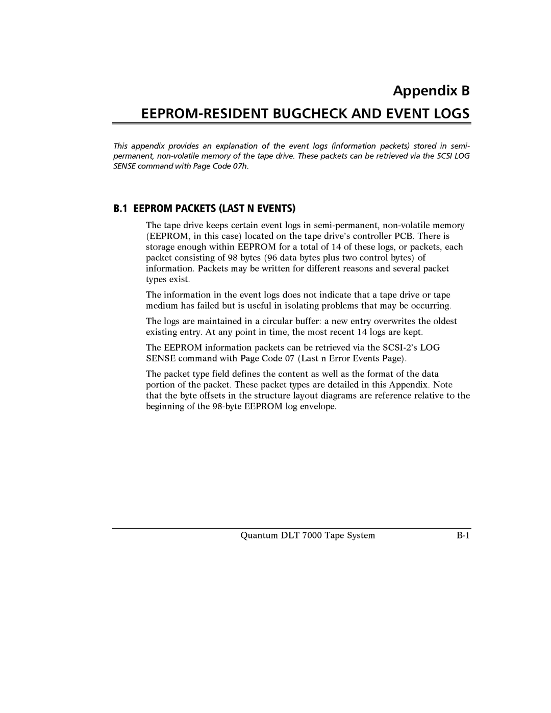 Quantum Instruments DLT 7000 manual EEPROM-RESIDENT Bugcheck and Event Logs, Eeprom Packets Last N Events 