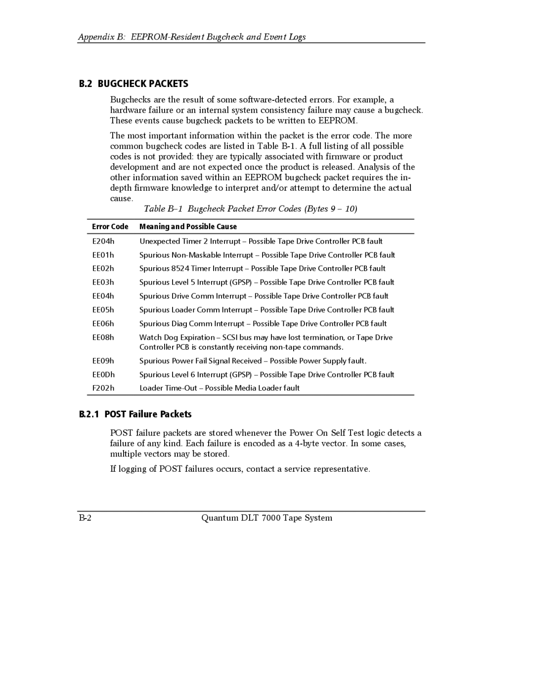 Quantum Instruments DLT 7000 Bugcheck Packets, Post Failure Packets, Appendix B EEPROM-Resident Bugcheck and Event Logs 