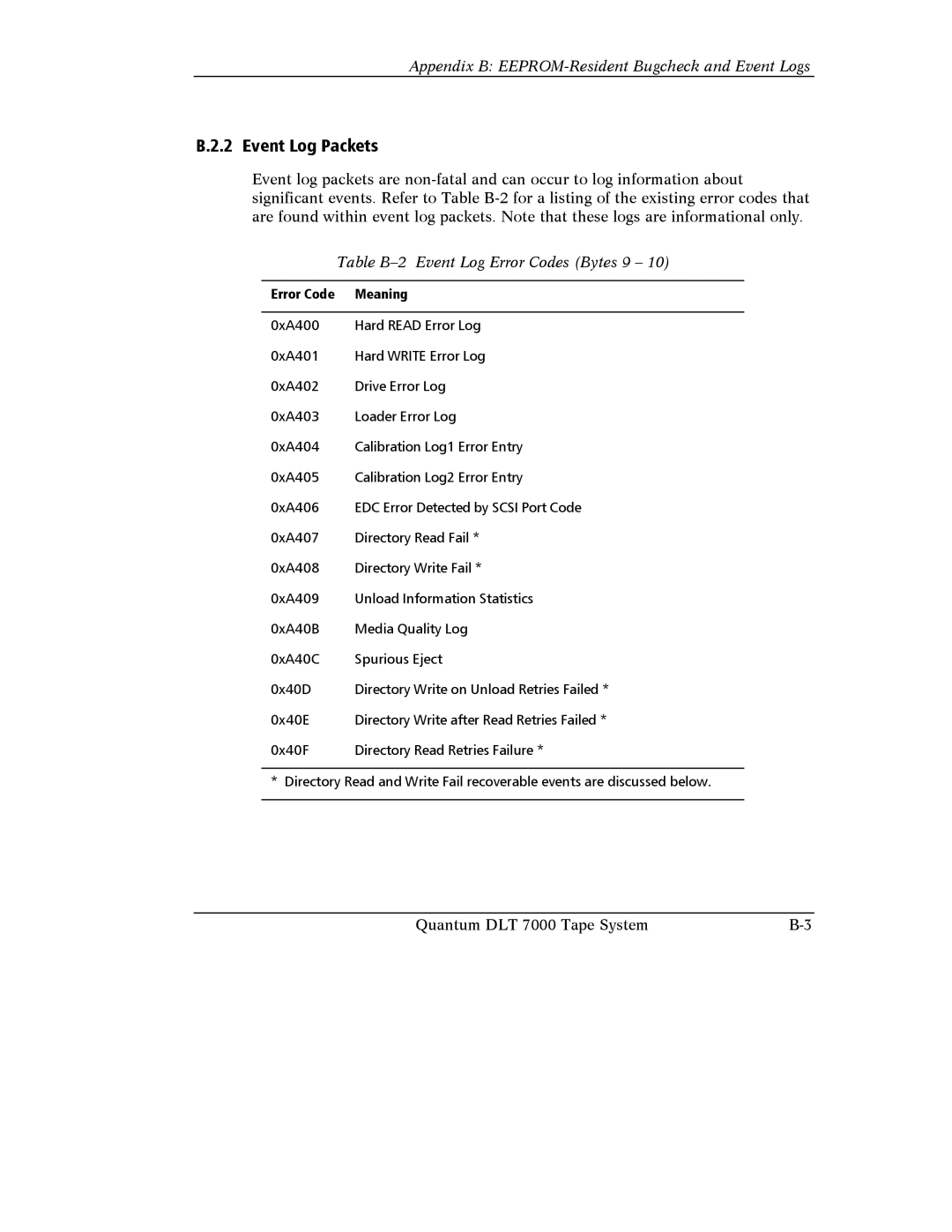 Quantum Instruments DLT 7000 manual Event Log Packets, Table B-2 Event Log Error Codes Bytes 9 