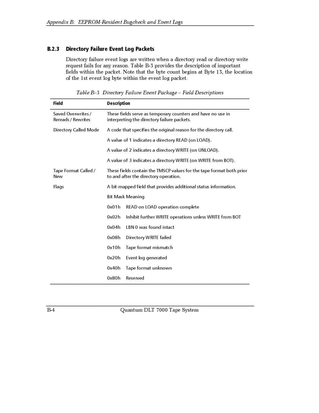 Quantum Instruments DLT 7000 manual Directory Failure Event Log Packets 