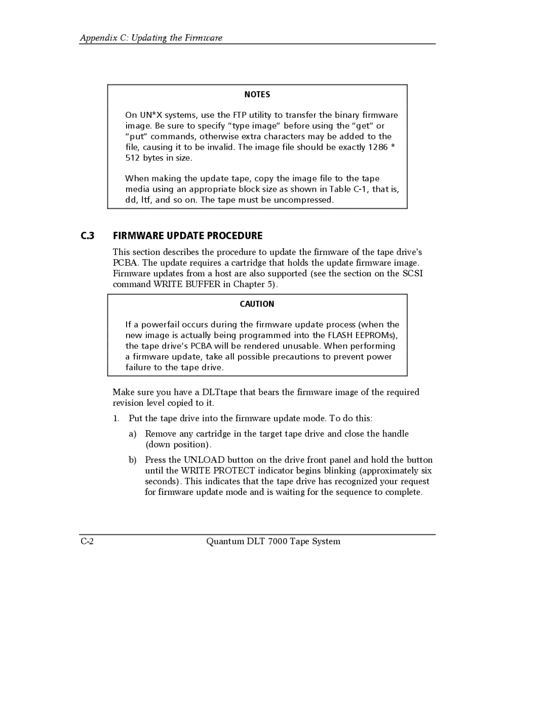 Quantum Instruments DLT 7000 manual Firmware Update Procedure, Appendix C Updating the Firmware 