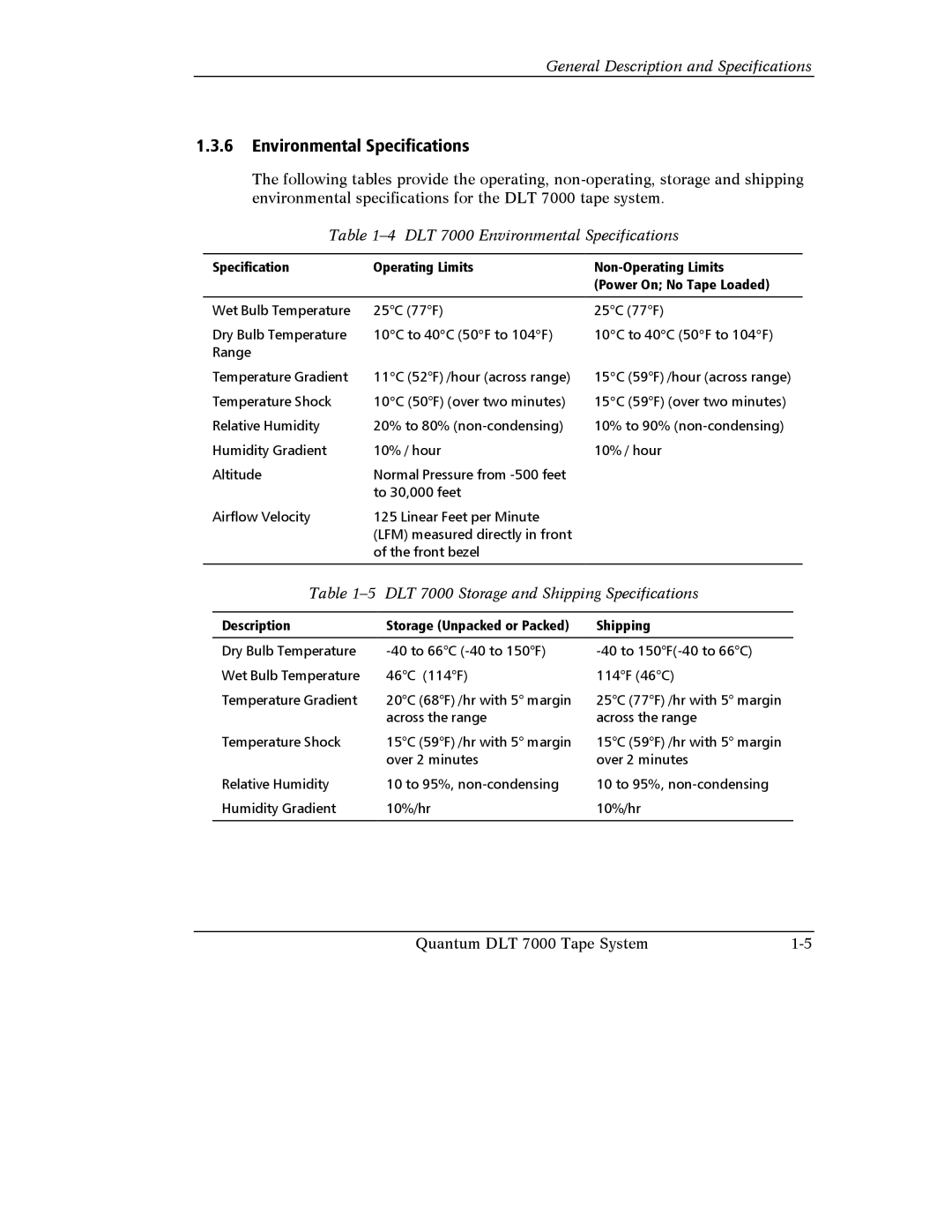 Quantum Instruments manual 4 DLT 7000 Environmental Specifications, DLT 7000 Storage and Shipping Specifications 