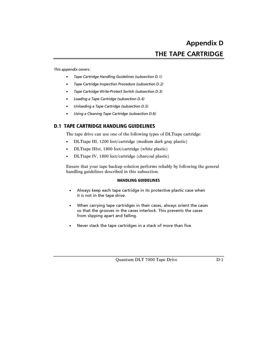 Quantum Instruments DLT 7000 manual Tape Cartridge Handling Guidelines 