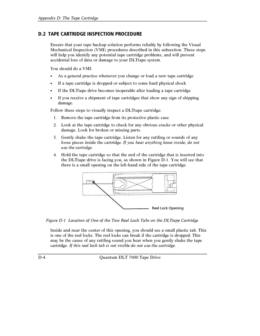 Quantum Instruments DLT 7000 manual Tape Cartridge Inspection Procedure 