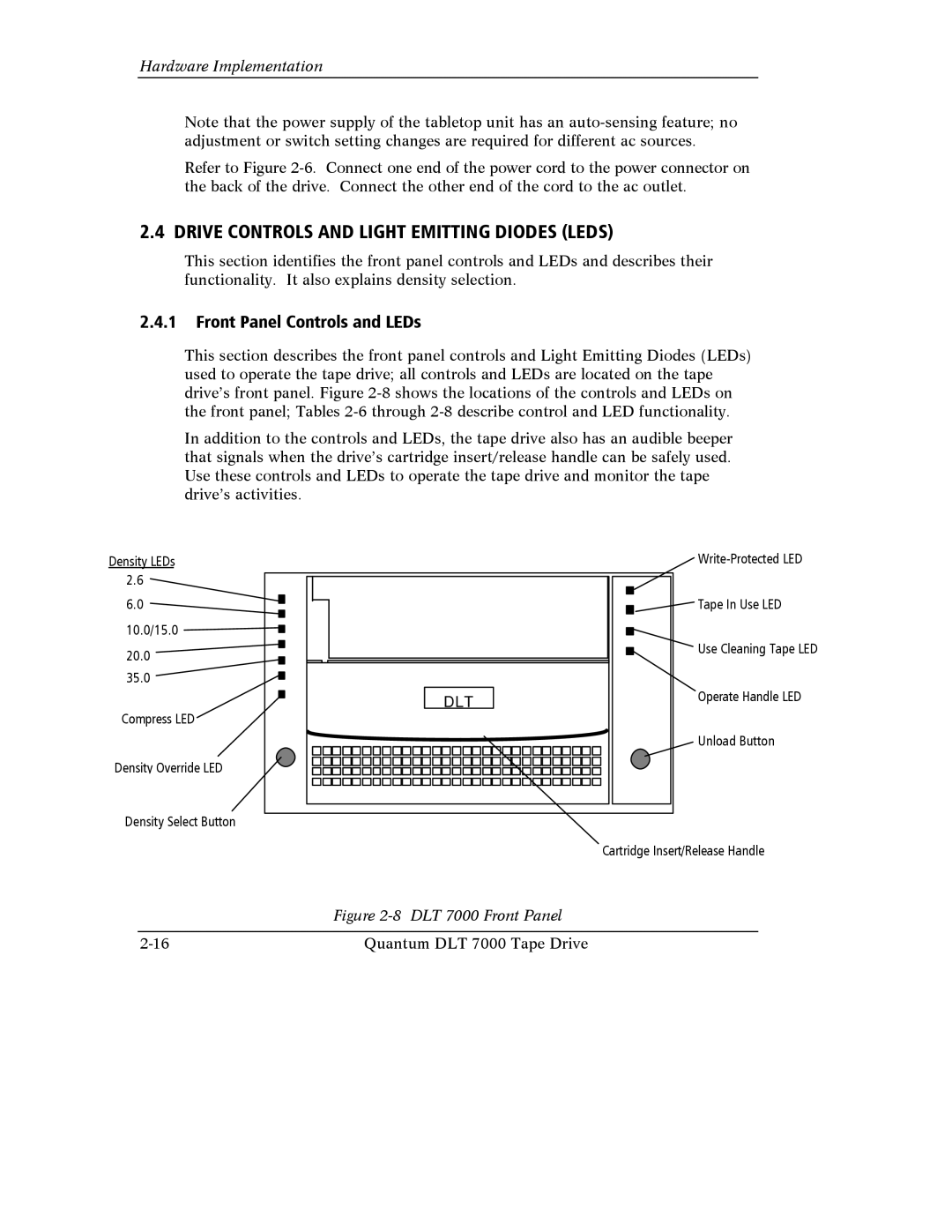 Quantum Instruments DLT 7000 manual Drive Controls and Light Emitting Diodes Leds, Front Panel Controls and LEDs 