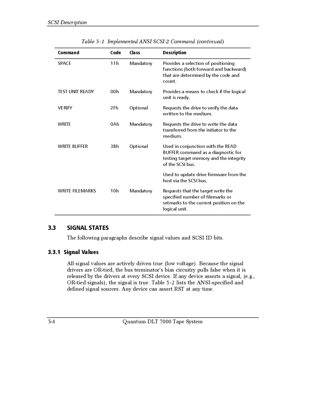 Quantum Instruments DLT 7000 manual Signal States, Signal Values, Scsi Description Implemented Ansi SCSI-2 Command 