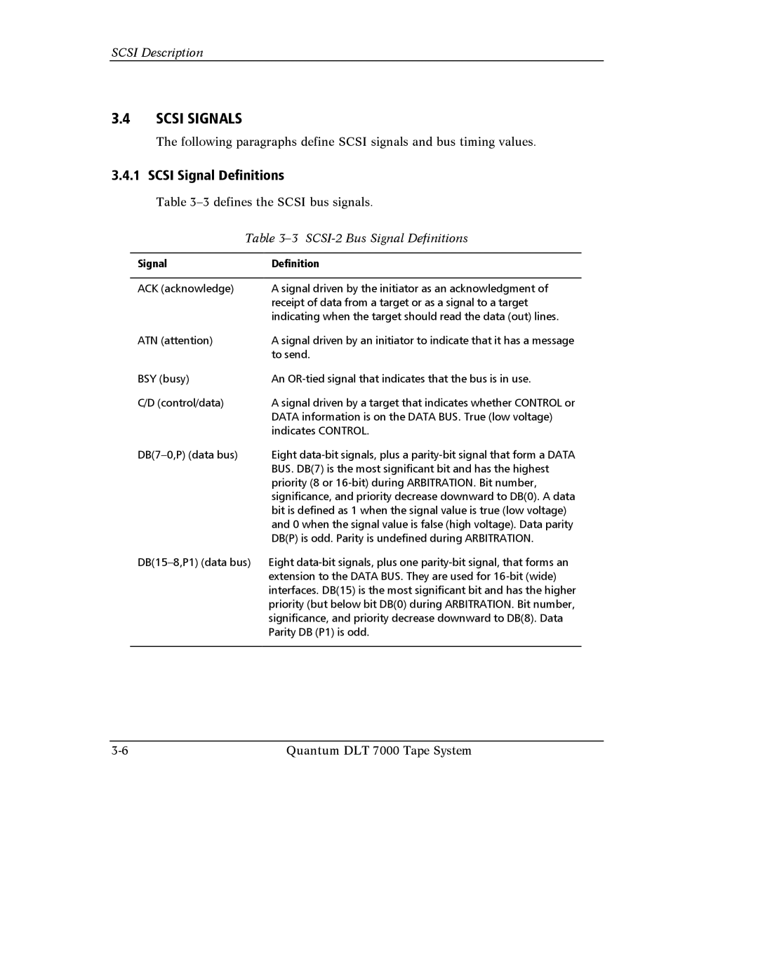 Quantum Instruments DLT 7000 manual Scsi Signals, Scsi Signal Definitions, SCSI-2 Bus Signal Definitions 