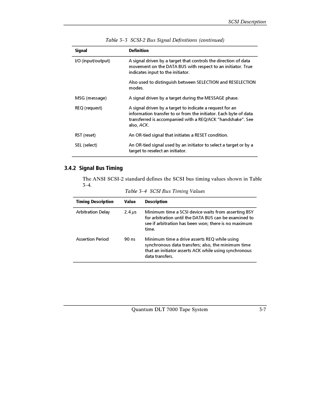 Quantum Instruments DLT 7000 Signal Bus Timing, Scsi Description SCSI-2 Bus Signal Definitions, Scsi Bus Timing Values 