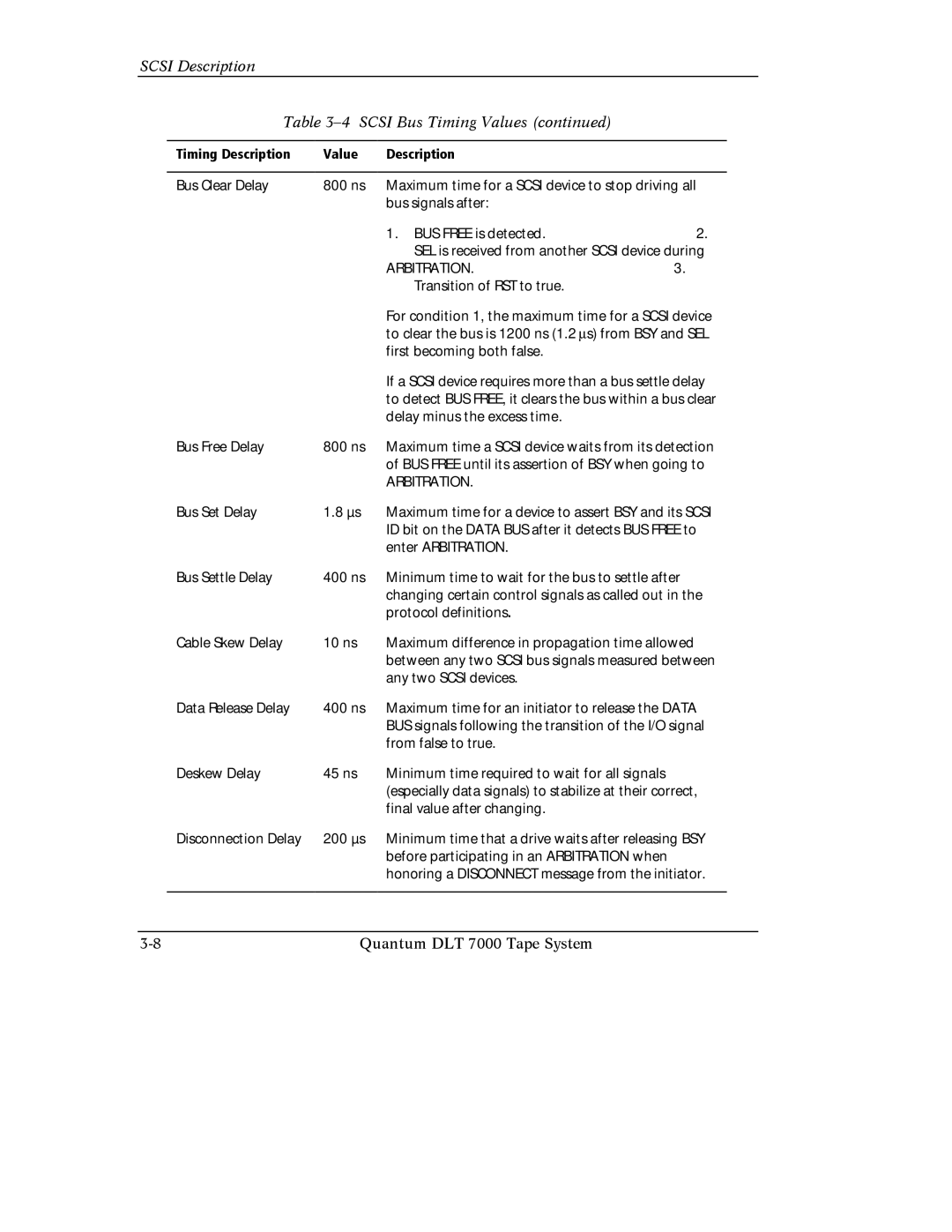 Quantum Instruments DLT 7000 manual Scsi Description Scsi Bus Timing Values, Arbitration 