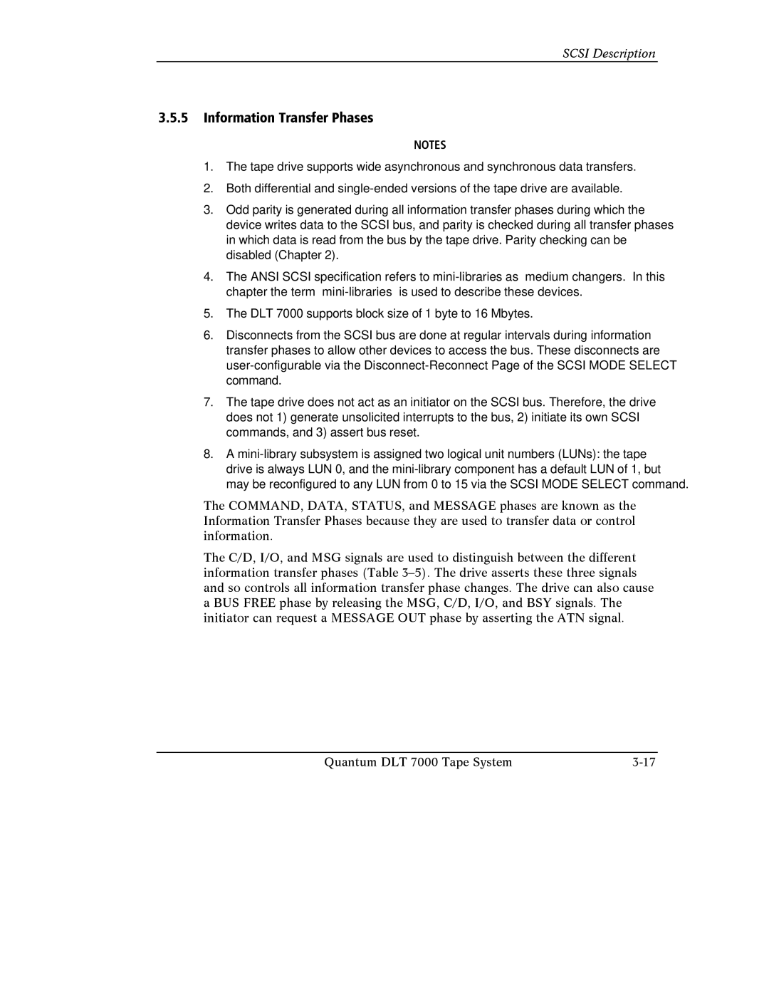 Quantum Instruments manual Information Transfer Phases, DLT 7000 supports block size of 1 byte to 16 Mbytes 