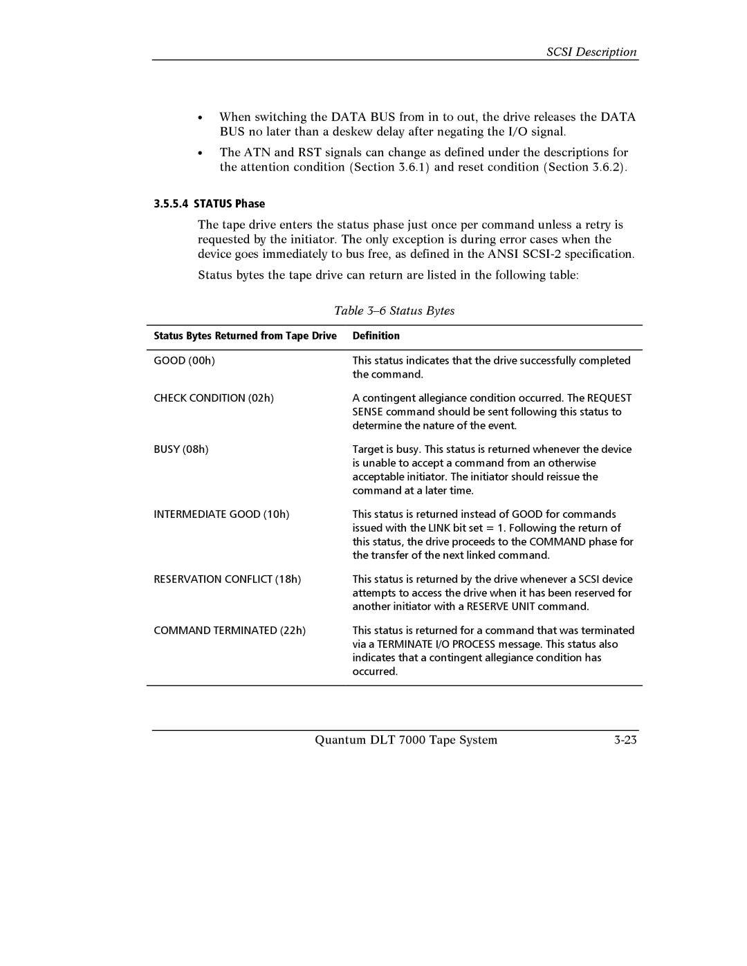 Quantum Instruments DLT 7000 manual Status Phase, Status Bytes 