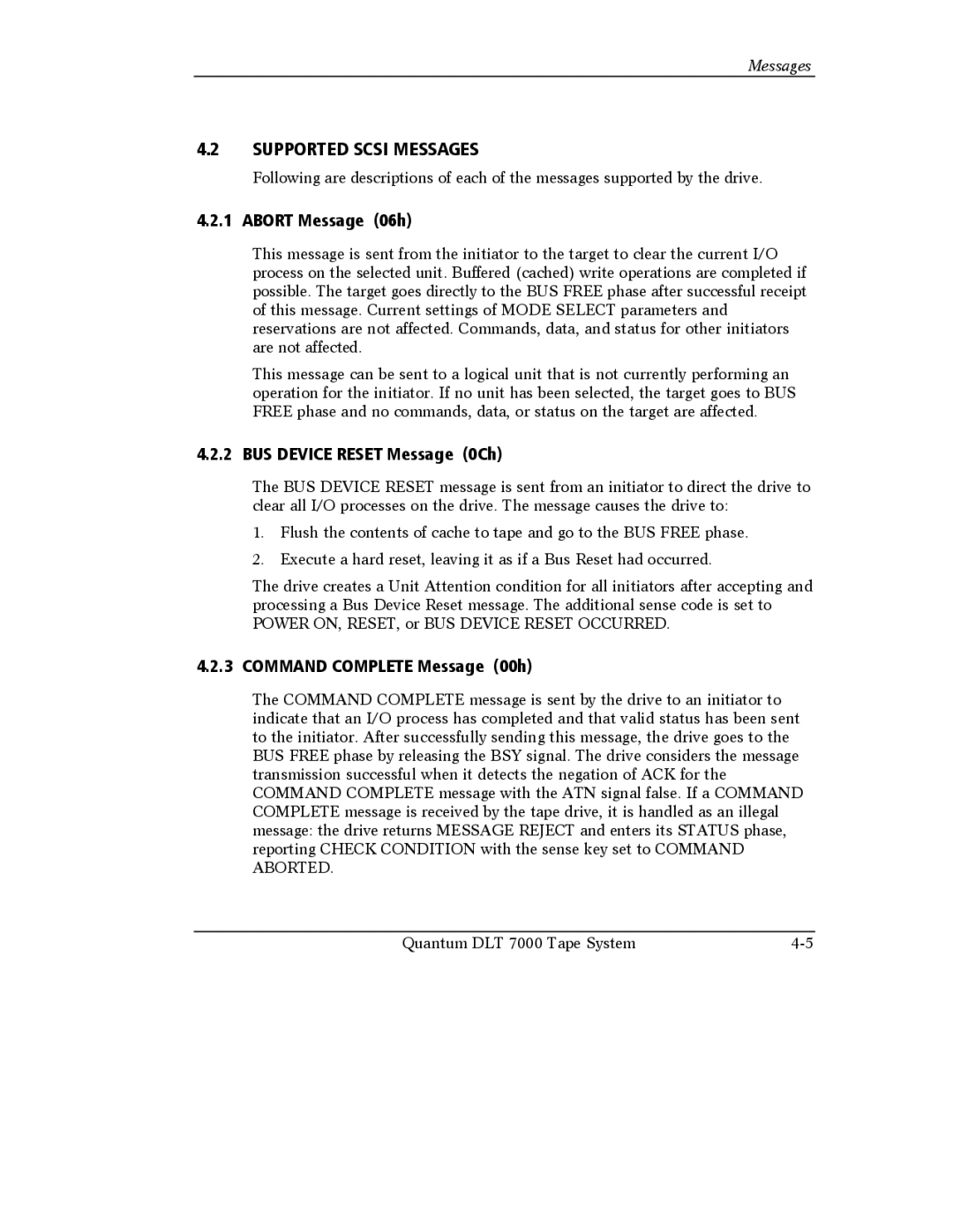 Quantum Instruments DLT 7000 manual Supported Scsi Messages, Abort Message 06h, BUS Device Reset Message 0Ch 