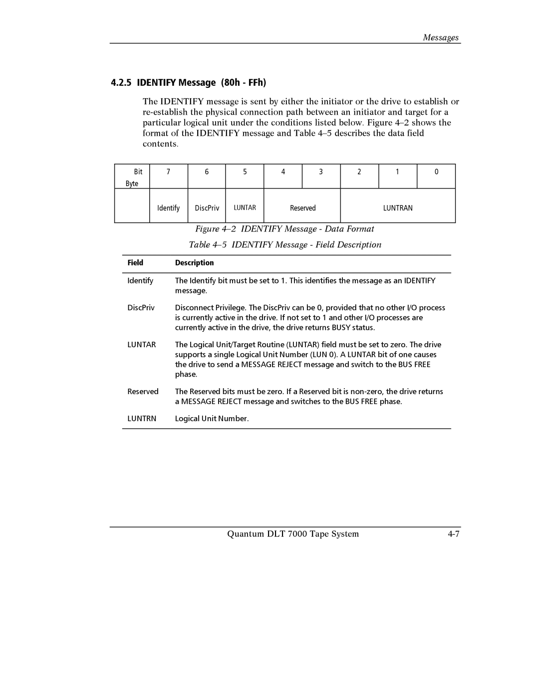 Quantum Instruments DLT 7000 manual Identify Message 80h FFh, Identify Message Field Description, Luntran, Luntar, Luntrn 