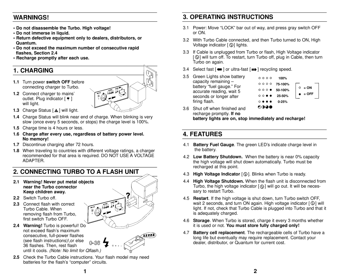 Quantum Instruments K37174 Operating Instructions, Charging, Connecting Turbo to a Flash Unit, Features 