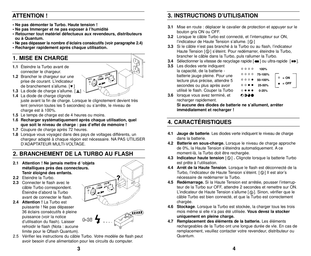 Quantum Instruments K37174 Mise EN Charge, Branchement DE LA Turbo AU Flash, Instructions D’UTILISATION, Caractéristiques 