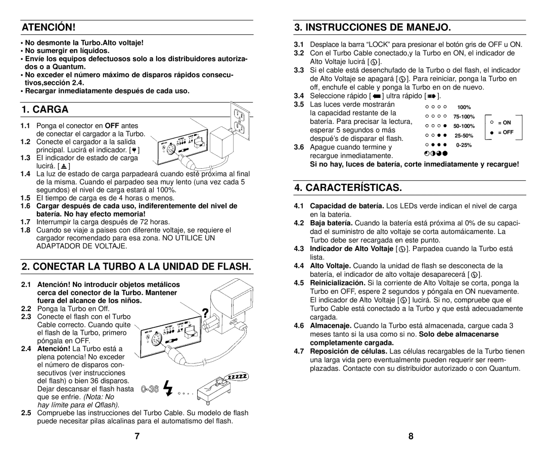 Quantum Instruments K37174 operating instructions Atención, Carga, Instrucciones DE Manejo, Características 