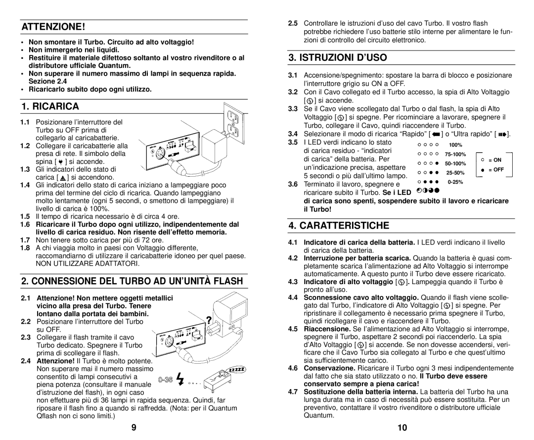 Quantum Instruments K37174 operating instructions Attenzione, Ricarica, Istruzioni D’USO, Caratteristiche 