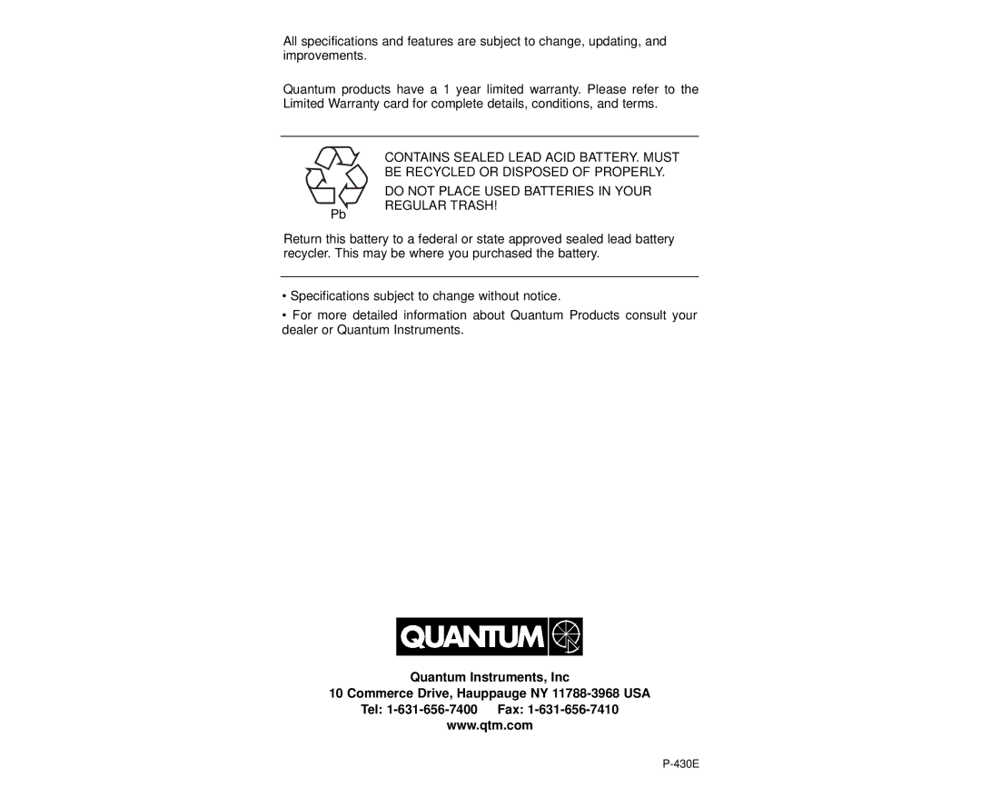 Quantum Instruments K37174 operating instructions 430E 