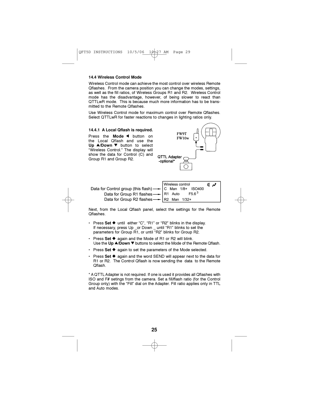 Quantum Instruments QFX5d-R, QFT5d-R operating instructions Wireless Control Mode, Local Qflash is required 