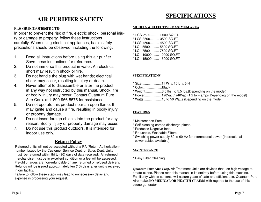 Quantum LC-10000, LCS-4500, LC-7500, LC-15000, LC - 5500, LCS-2500, LCS-3500 owner manual AIR Purifier Safety, Specifications 