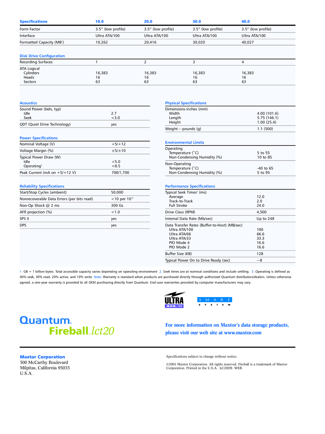 Quantum LCT20 manual Specifications 10.0 20.0 30.0 40.0, Disk Drive Configuration, Acoustics, Power Specifications 