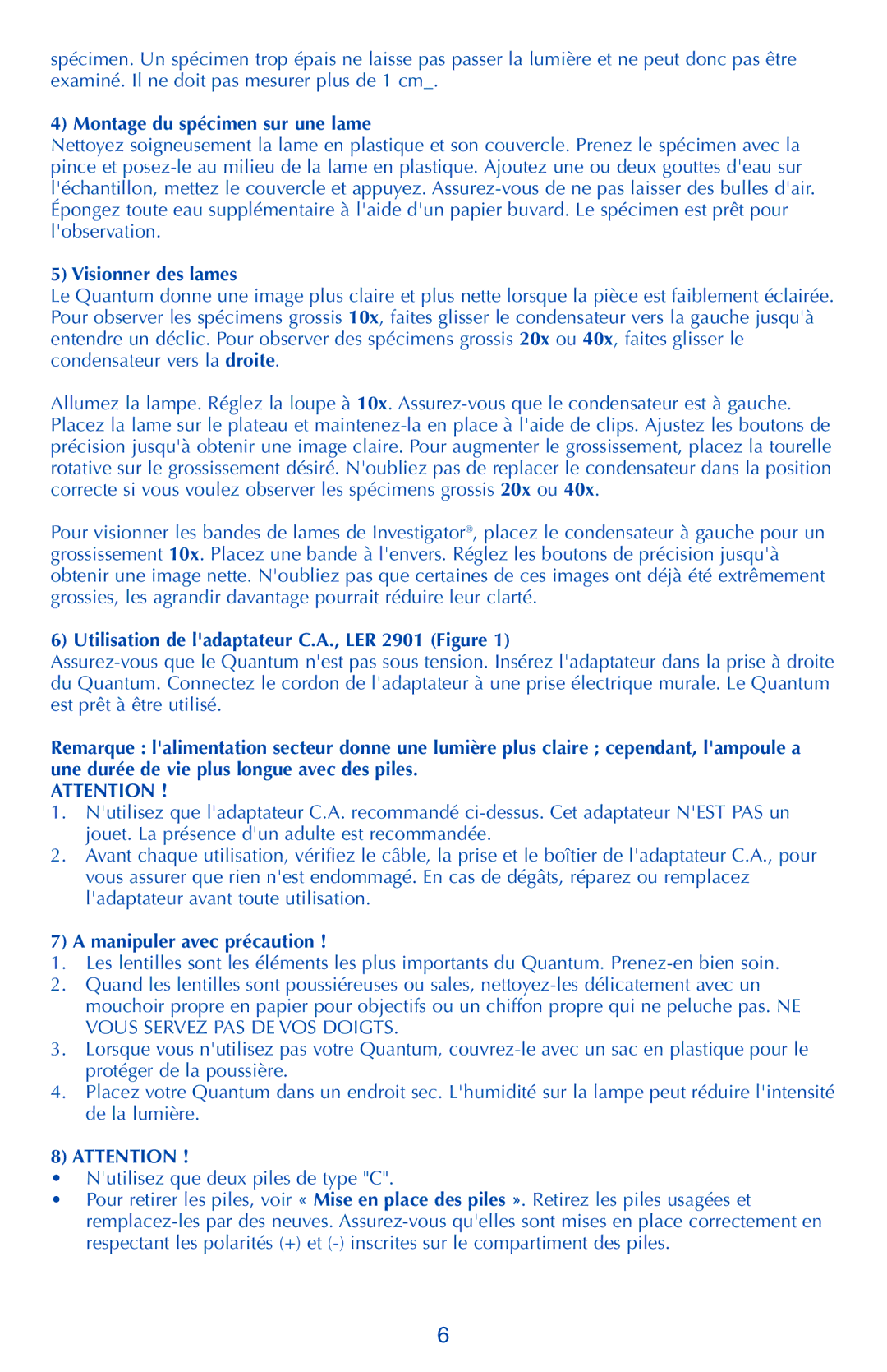 Quantum LER 2900 Montage du spécimen sur une lame, Visionner des lames, Utilisation de ladaptateur C.A., LER 2901 Figure 